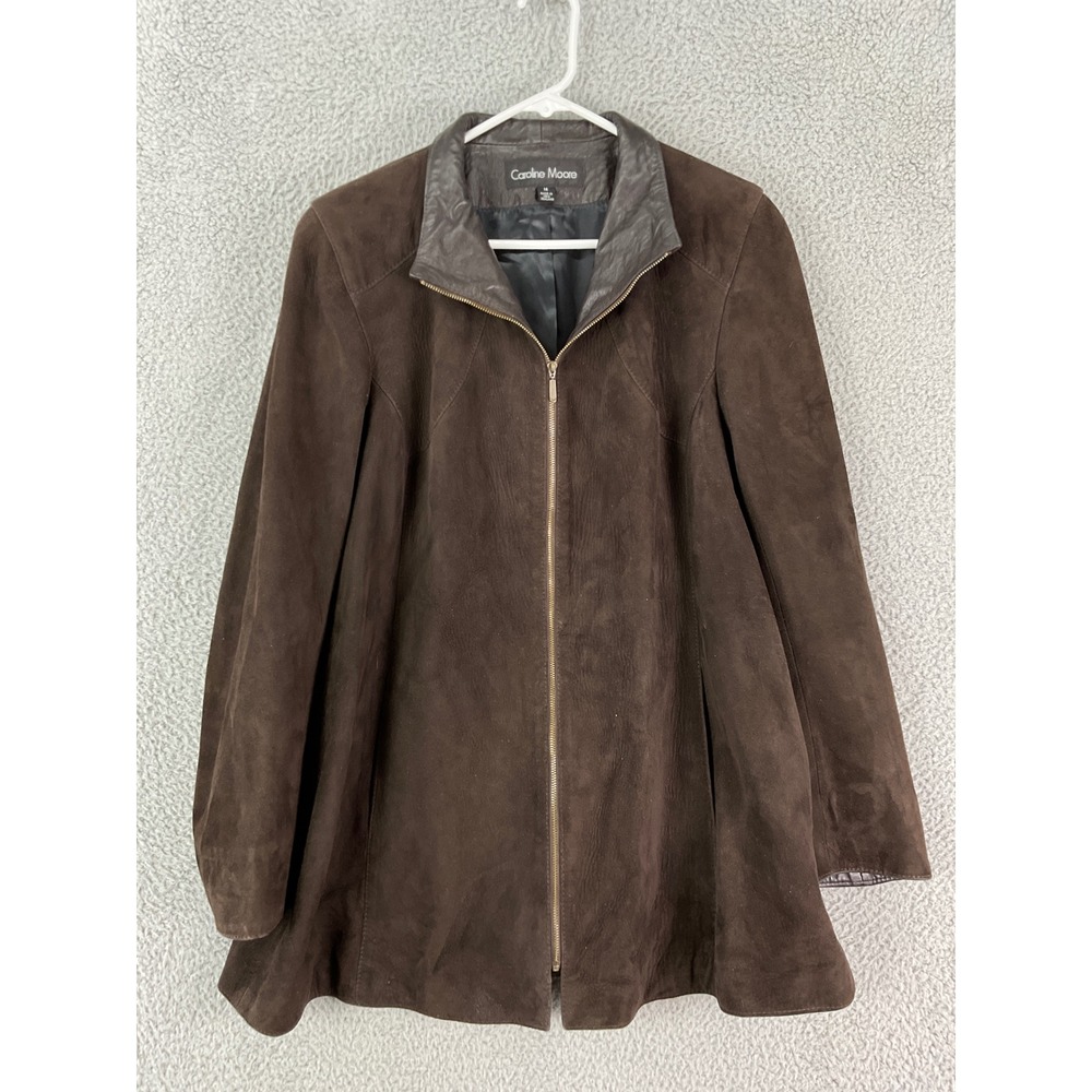 Caroline Moore Suede Jacket Womens 14 Brown Leather Trim Zip Front New Zealand